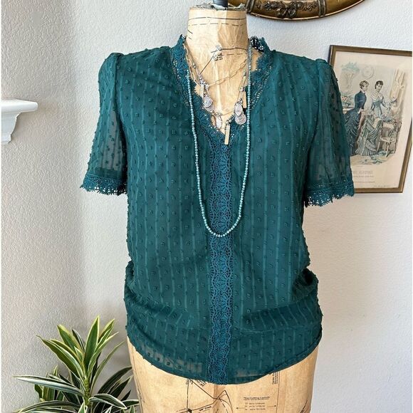 Boutique Dark Green Lace Trim sheer Polka Dot Stripe Blouse sz S Trendy - Picture 2 of 6